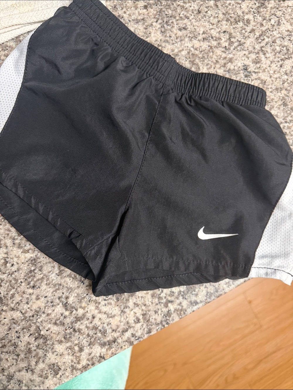Nike Black Shorts with White Swoosh and Light Gray Panels